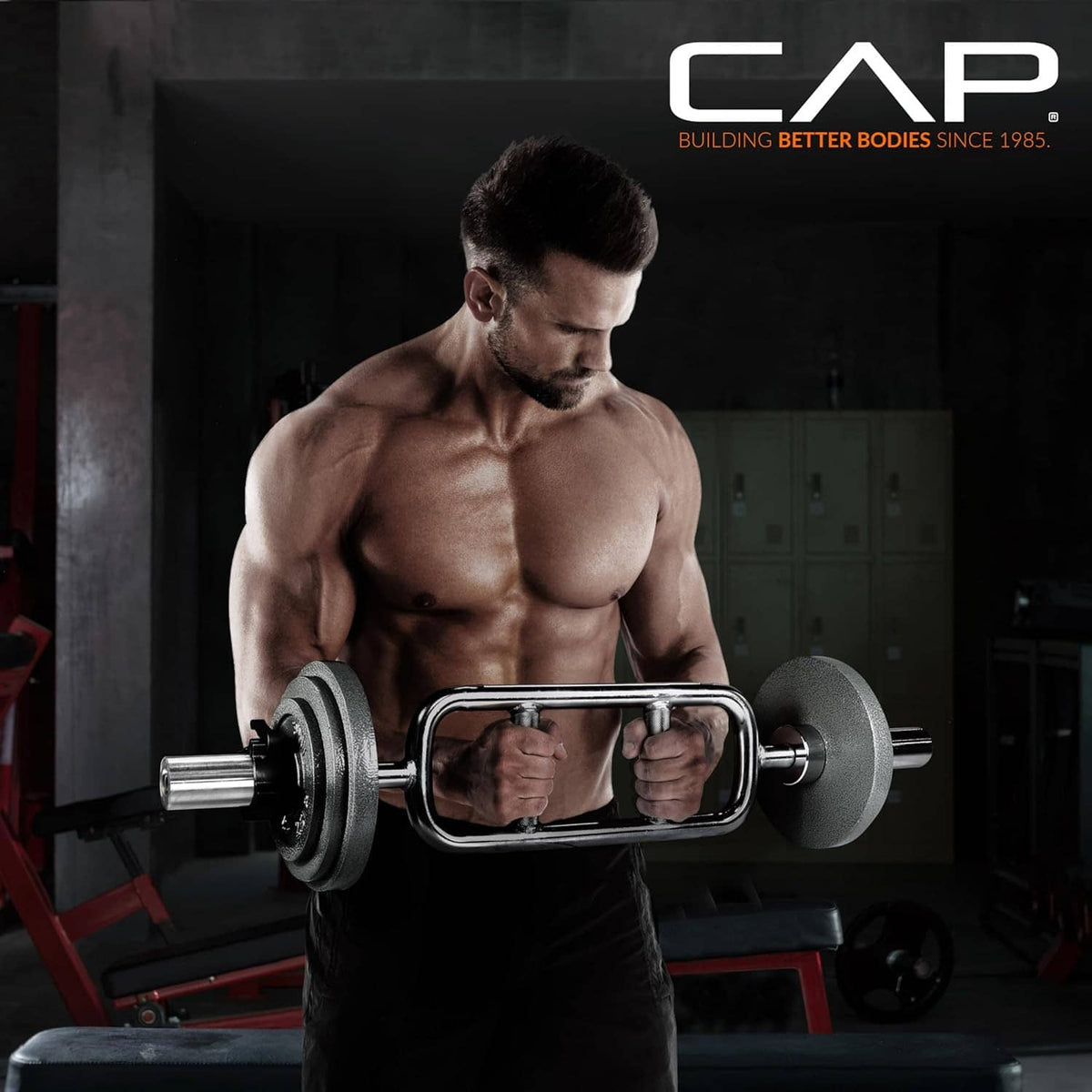 Chrome triceps bar held with both hands for overhead/close-grip pressing