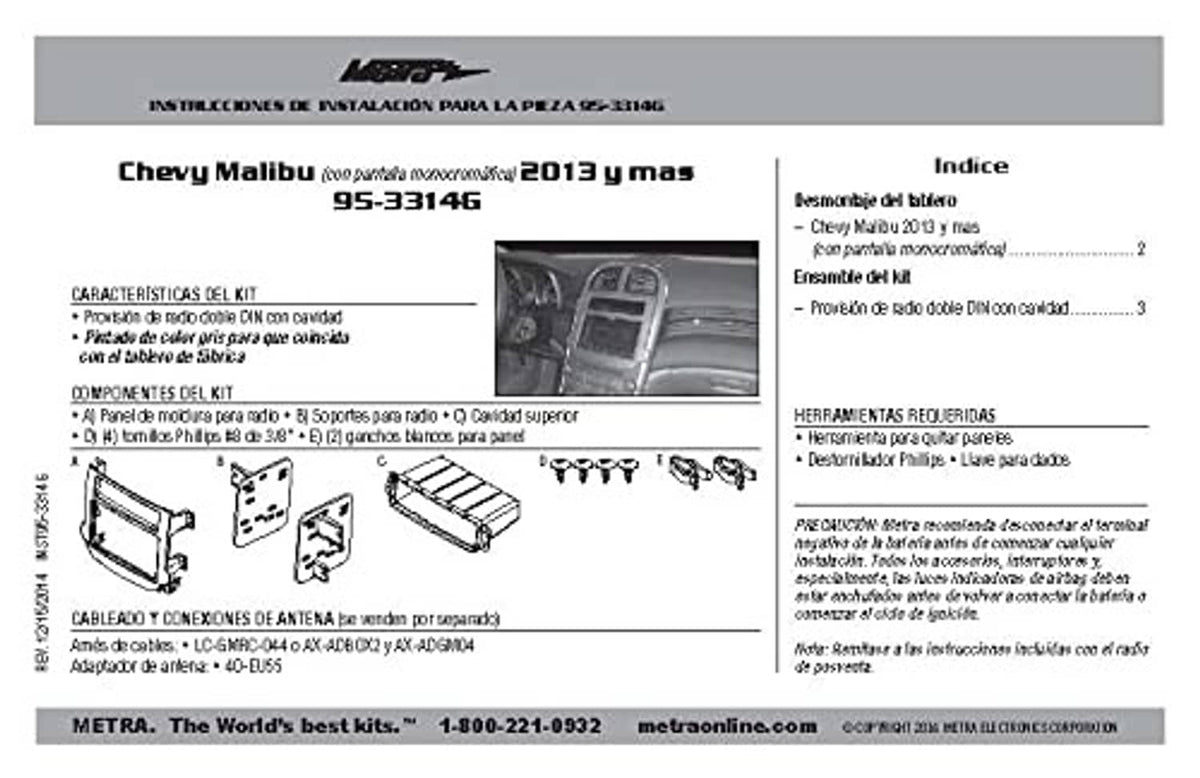 Chevy Malibu Double DIN dash kit instruction sheet with parts list and diagrams