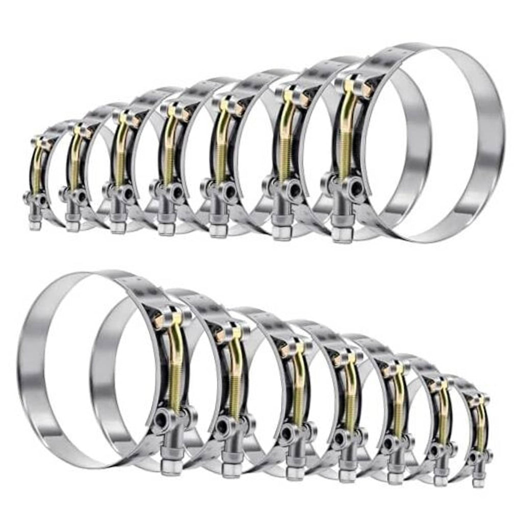 Set of T-bolt hose clamps in stainless steel with gold-toned bands and mounting bolts