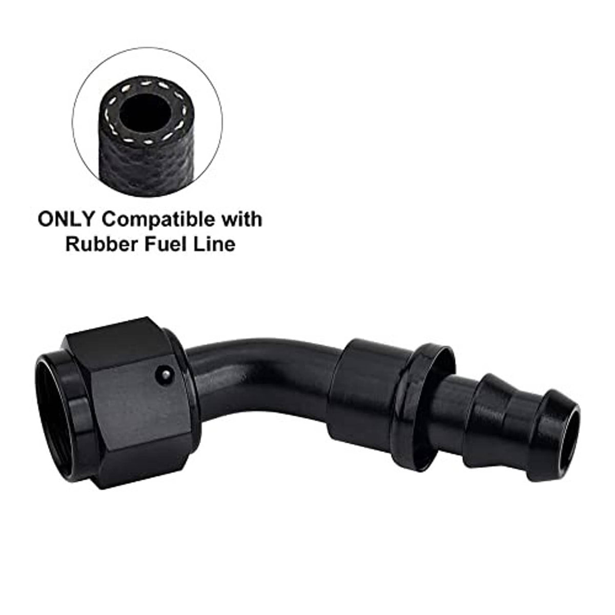 Black 45-degree push-lock hose fitting end, compatible with rubber fuel line