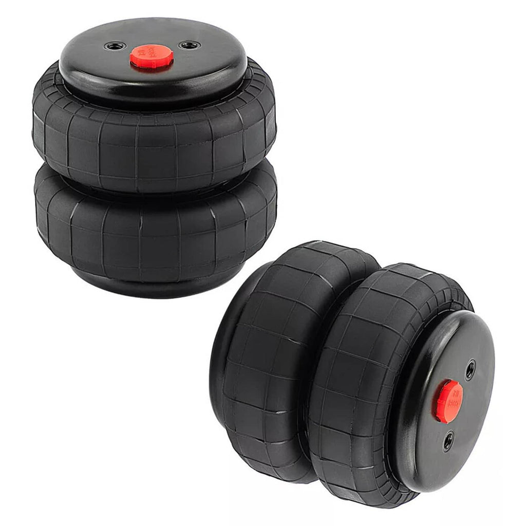 Pair of black air ride suspension bags with round top cap and red valve fitting