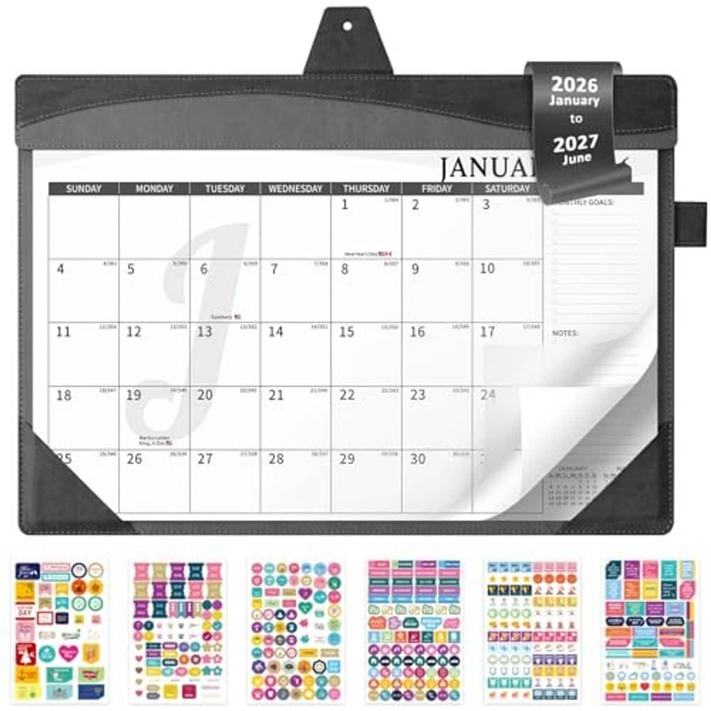 Black-gray leather desk calendar with January 2026 to June 2027 monthly layout