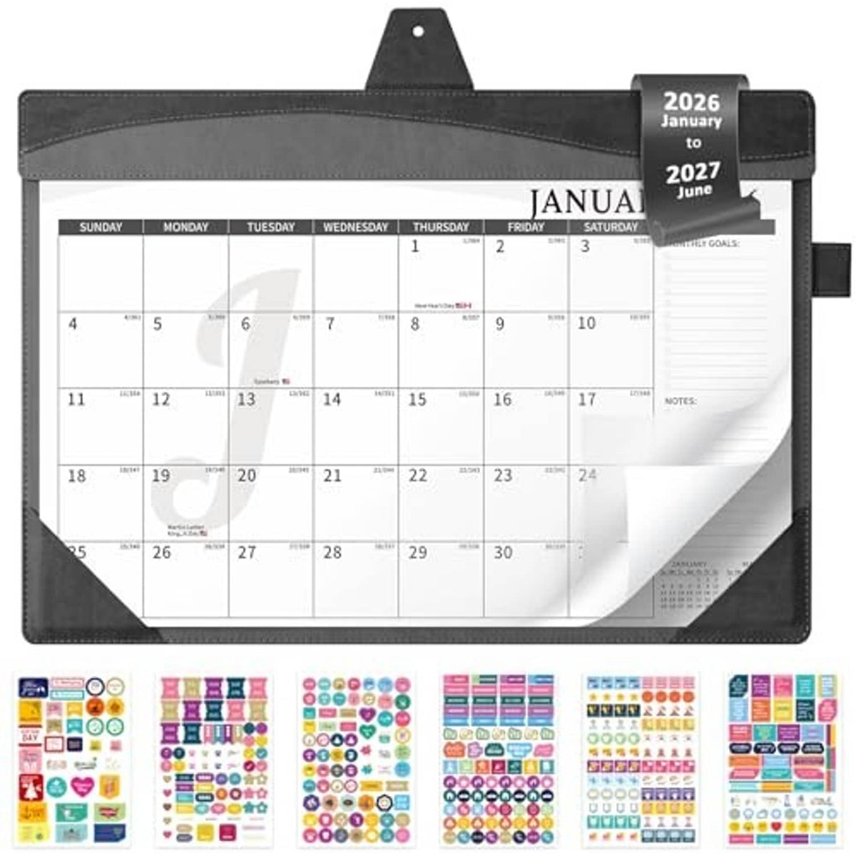 Black-gray leather desk calendar with January 2026 to June 2027 monthly layout