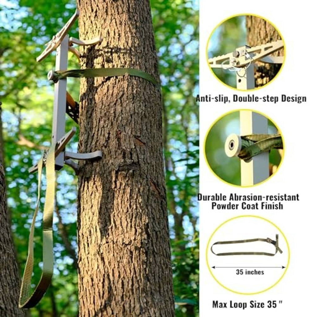 Aluminum double-step climbing sticks with anti-slip pads and strap on tree trunk