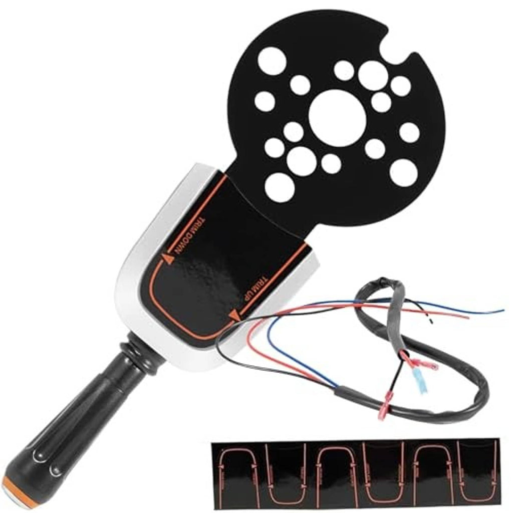 Bezel control lever switch with black circular faceplate and connected wire leads
