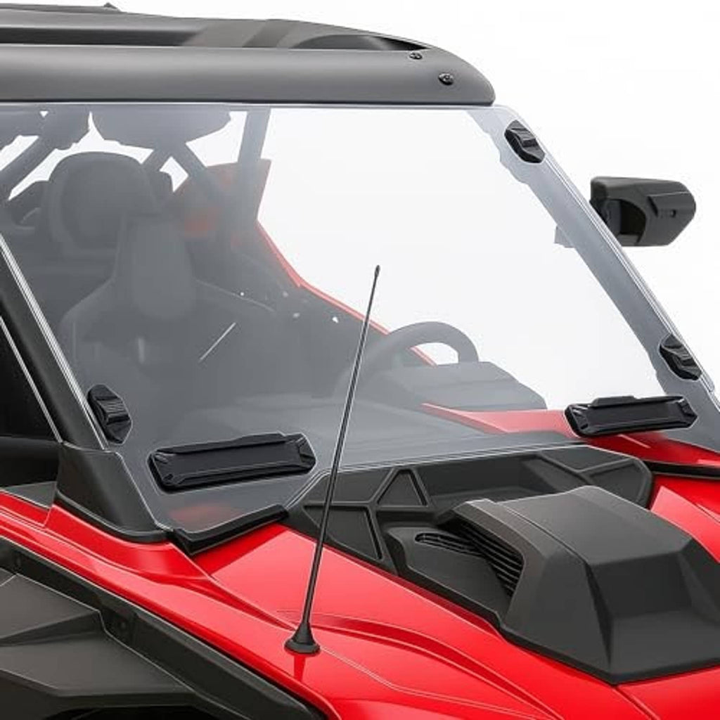 Vented full windshield with black side clamps and dark tinted panel for UTV