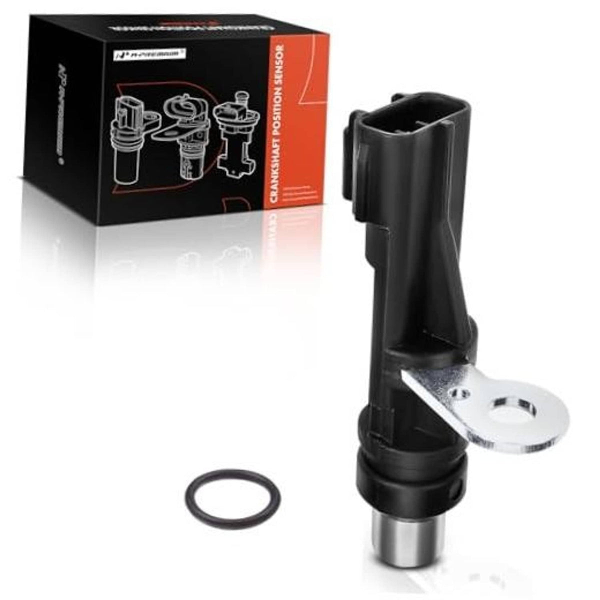 Crankshaft position sensor with black connector and metal mounting plate, includes O-ring
