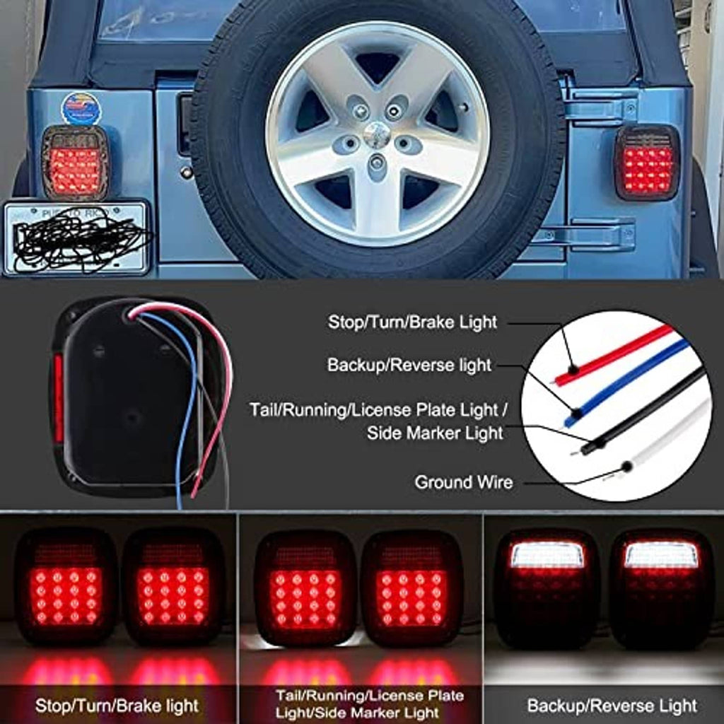 Square rear tail light pair installed on vehicle, red lenses with white reverse LEDs