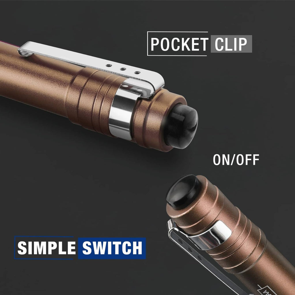 WORKPRO brown LED pen light with metal pocket clip and black switch end cap.