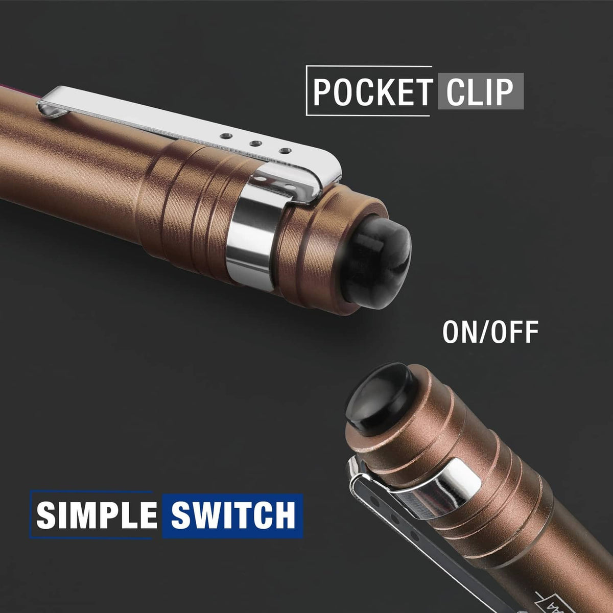 WORKPRO brown LED pen light with metal pocket clip and black switch end cap.