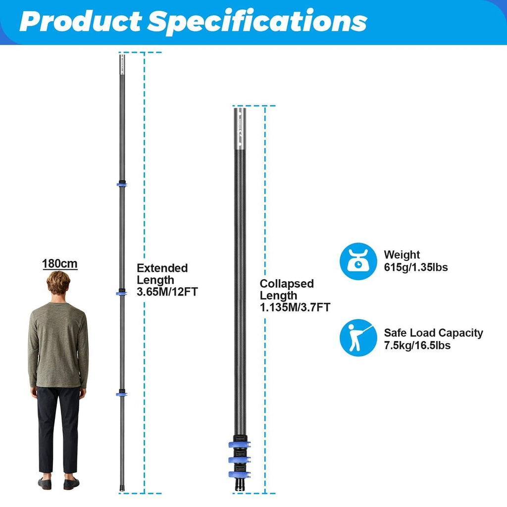 Telescopic pool pole showing extended and collapsed lengths with blue quick-lock rings