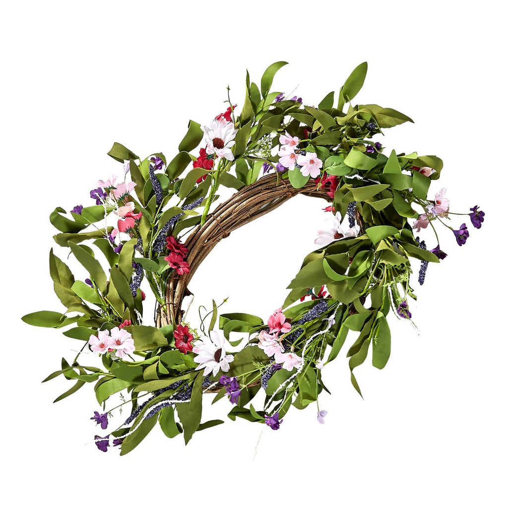 Artificial flower wreath with curved ring, green leaves and pink, white, purple blossoms