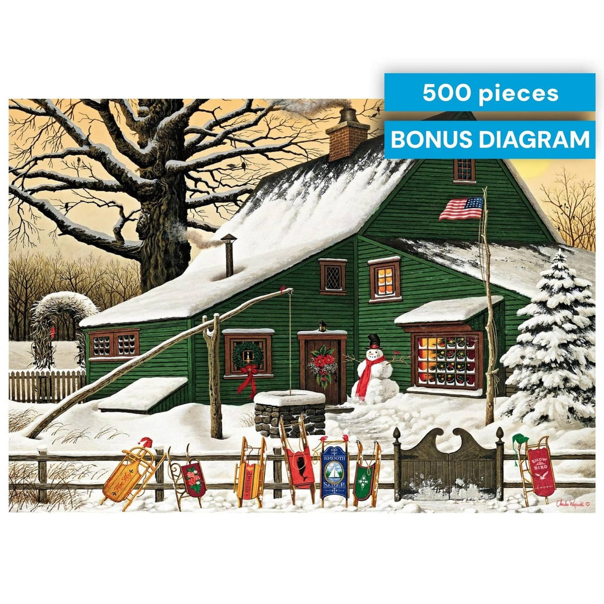 Jigsaw puzzle box front with snowy cabin illustration and 500-piece bonus diagram badge