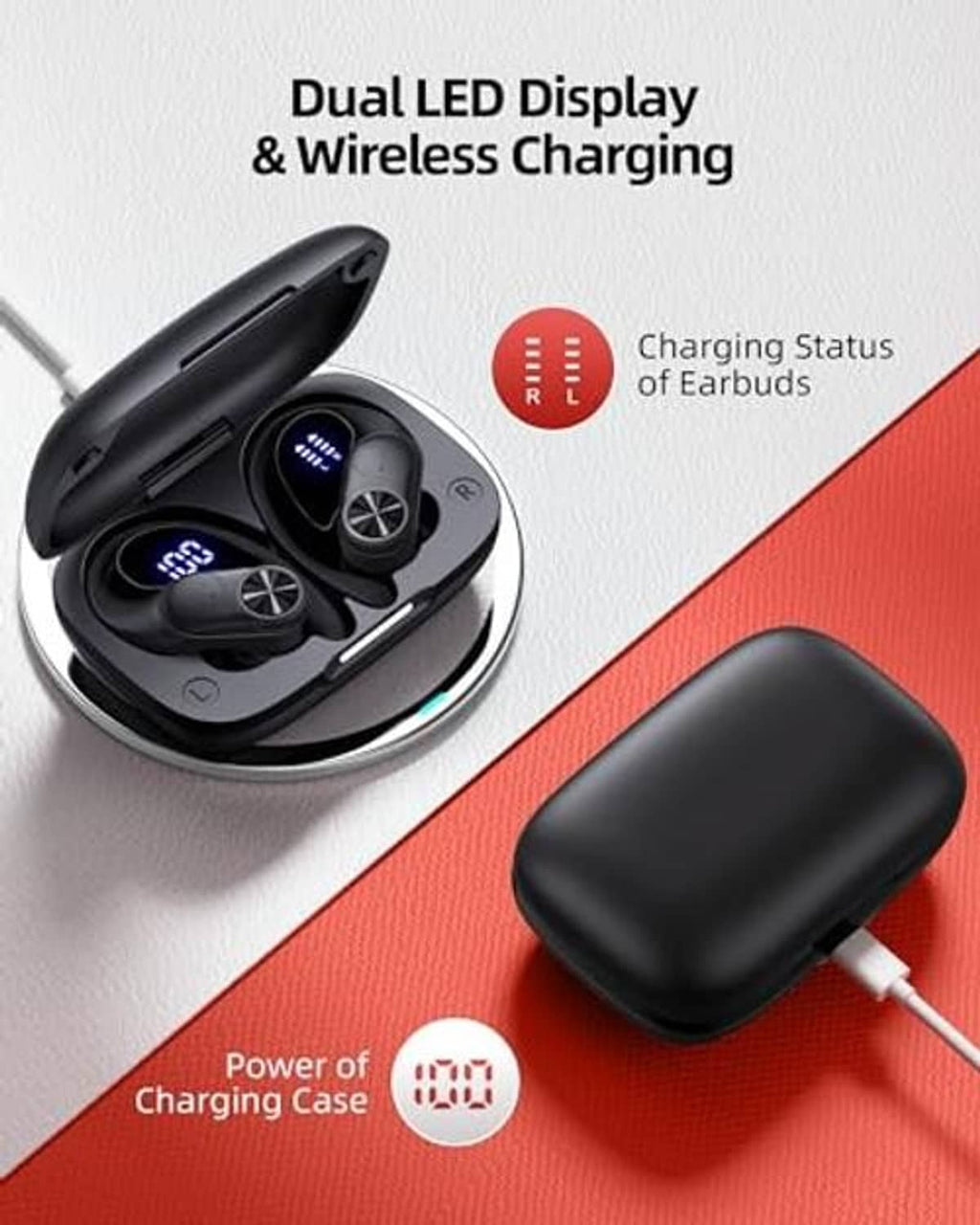 Black charging case with wireless earbuds inside and charging cable connected
