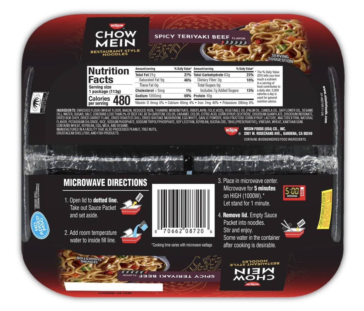 Nissin Chow Mein spicy teriyaki beef container back with nutrition and microwave directions