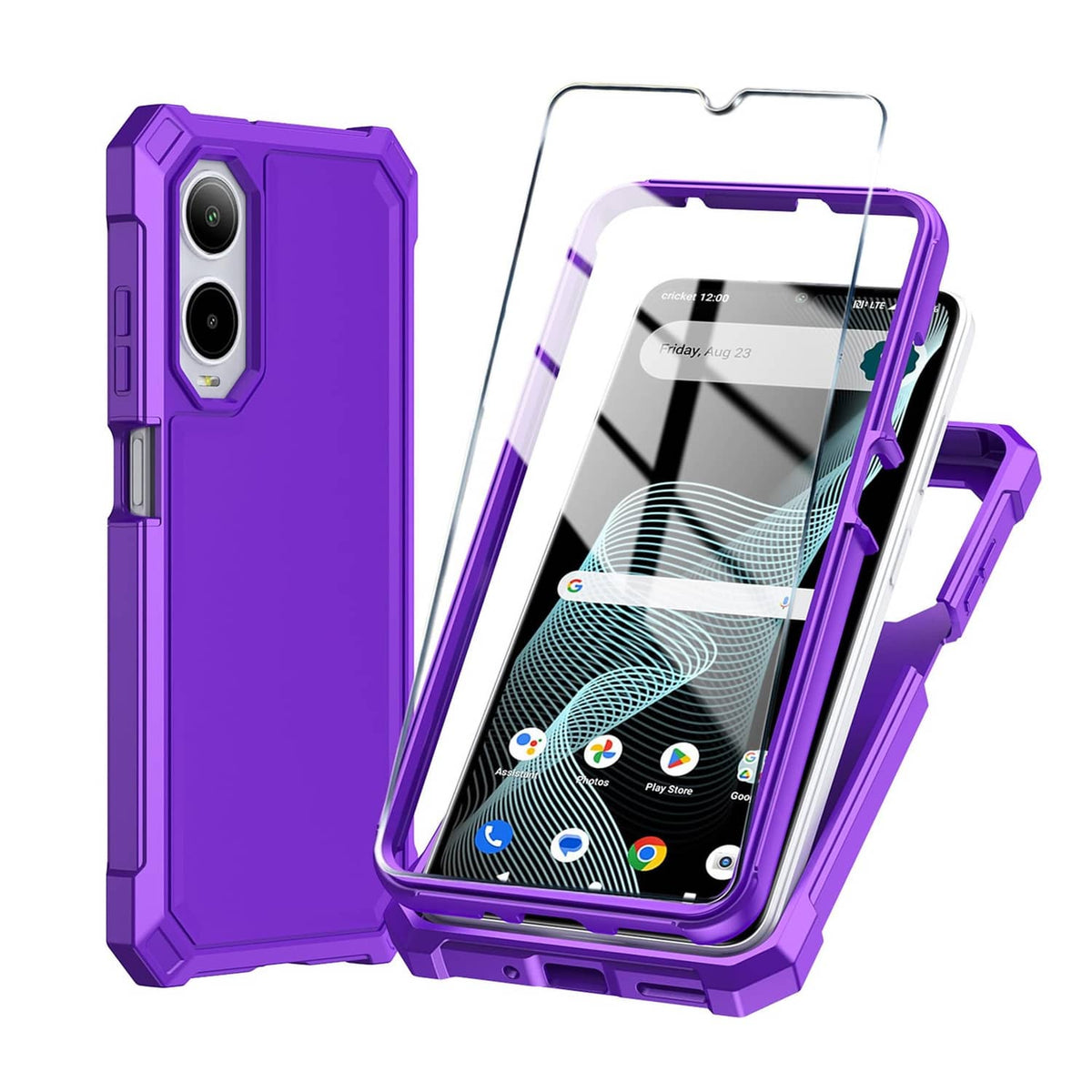 Purple rugged phone case with dual camera cutouts and raised protective edges