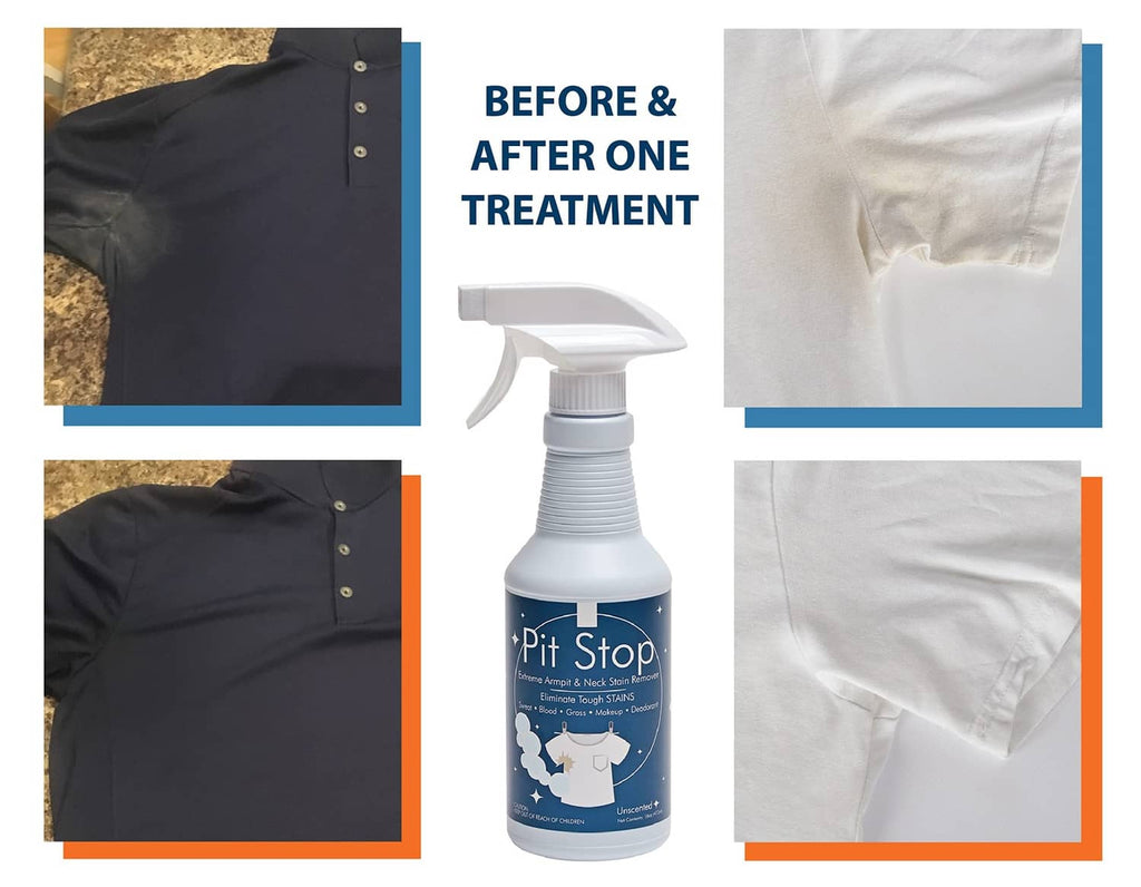 Before-and-after collage featuring Pit Stop spray bottle and white clothing fabric