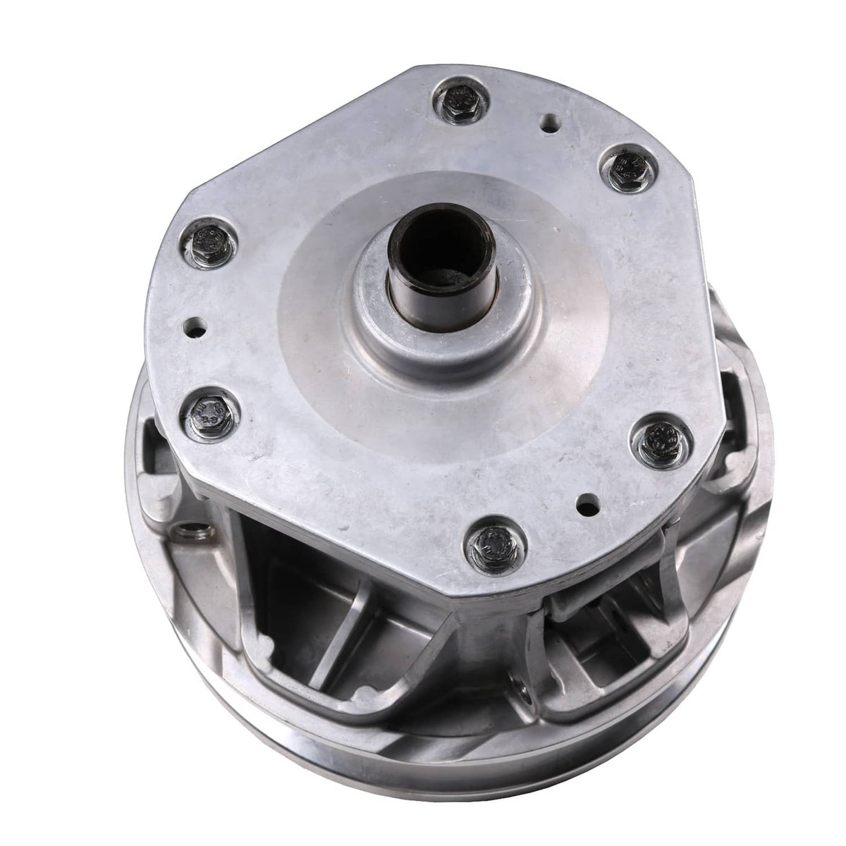 Primary drive clutch top plate with center bearing bore and mounting bolts