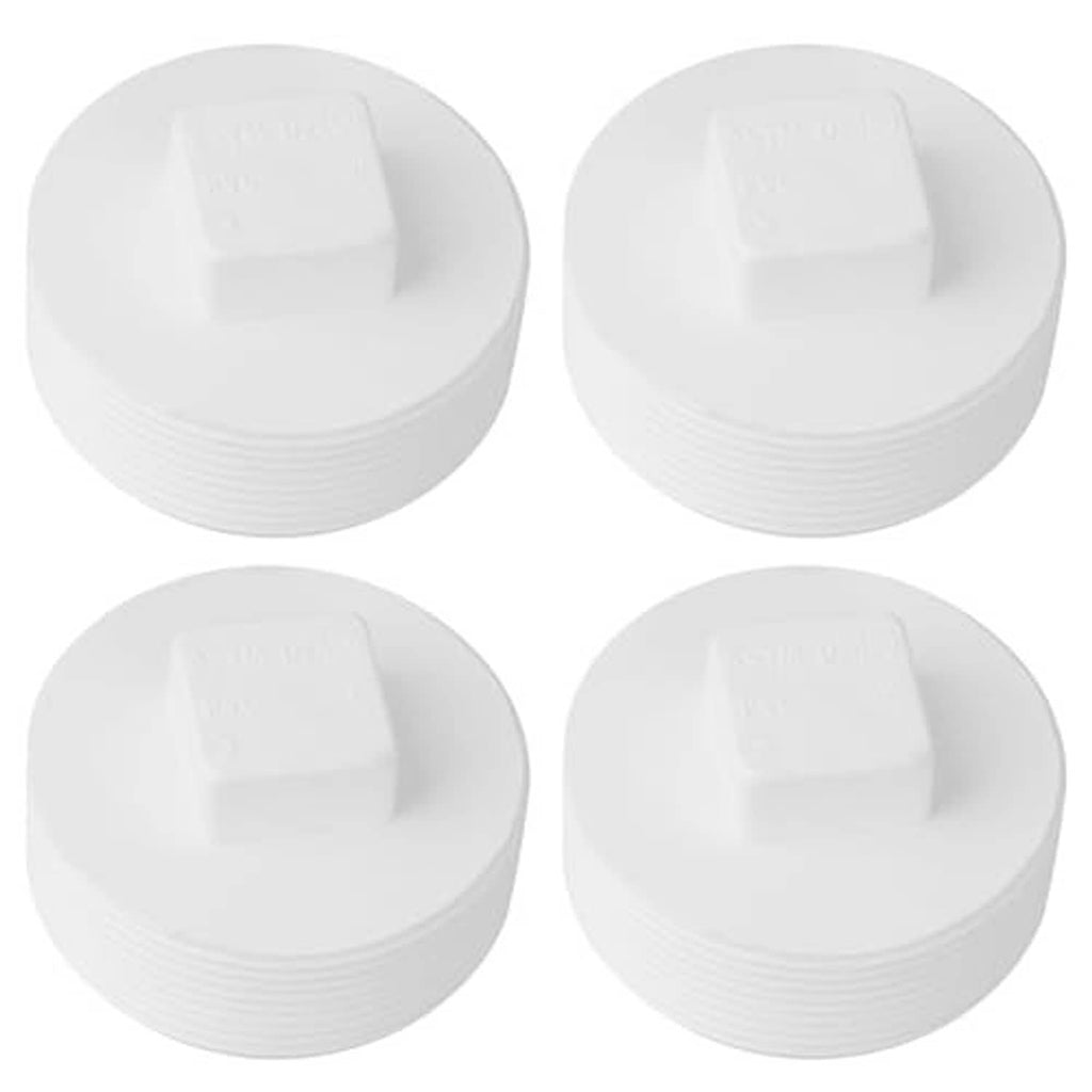 Pack of white PVC sewer cleanout plugs with square top and ribbed threaded body