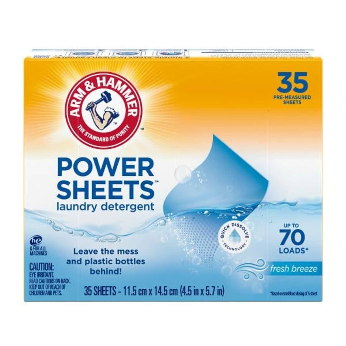 Arm & Hammer detergent sheets box front, Fresh breeze scent, 35 sheets