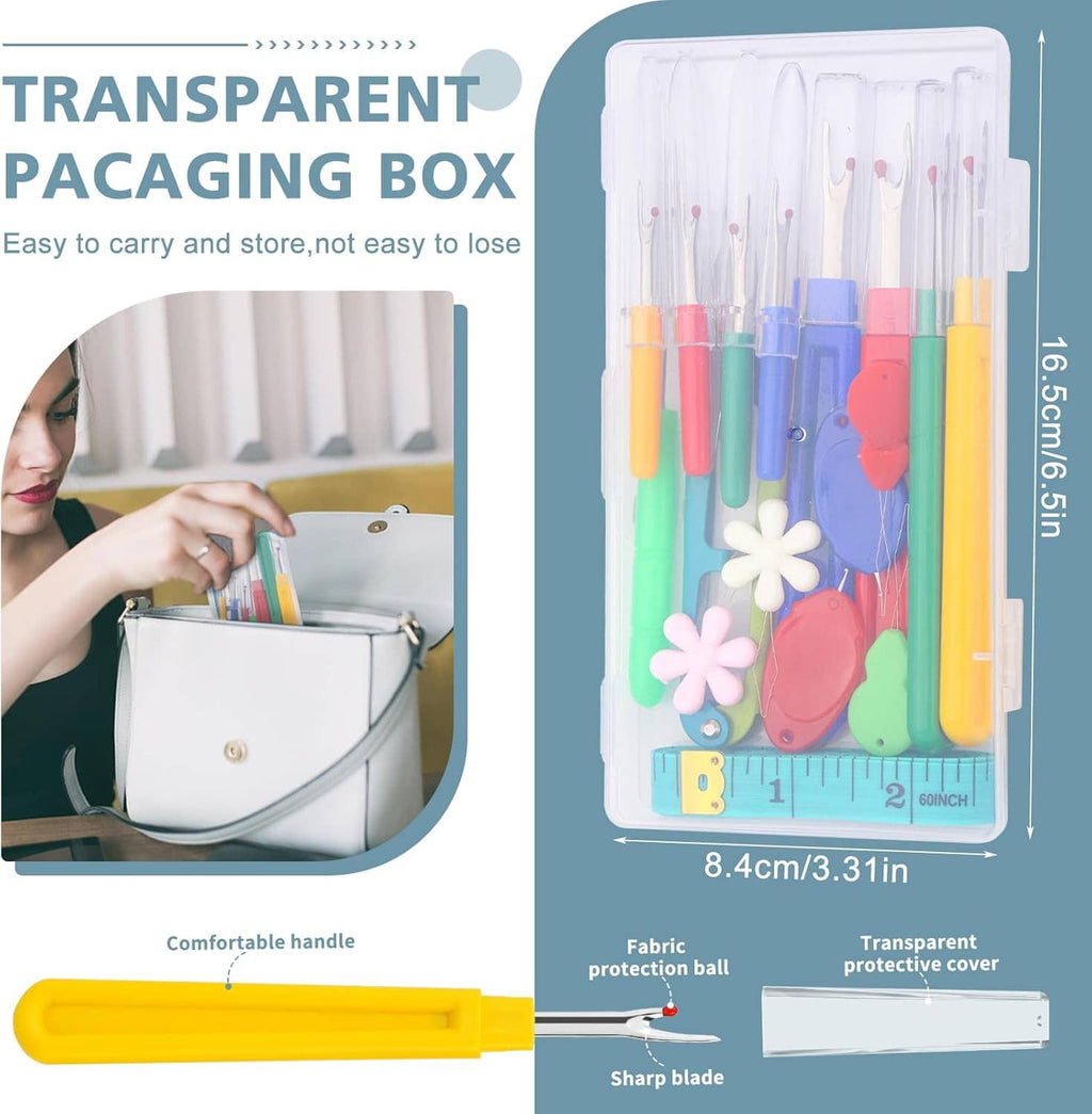 Seam ripper set stored in a transparent packaging box with a yellow handle