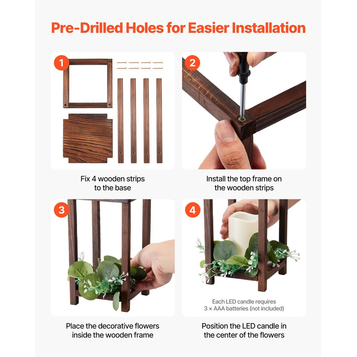 Brown wooden lantern frame with LED candle insert and pre-drilled assembly steps