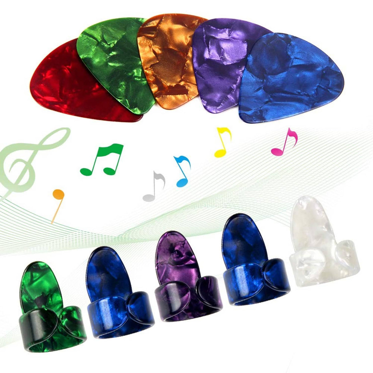 Silicone guitar finger guards with metallic-style colors: red, green, gold, purple, blue