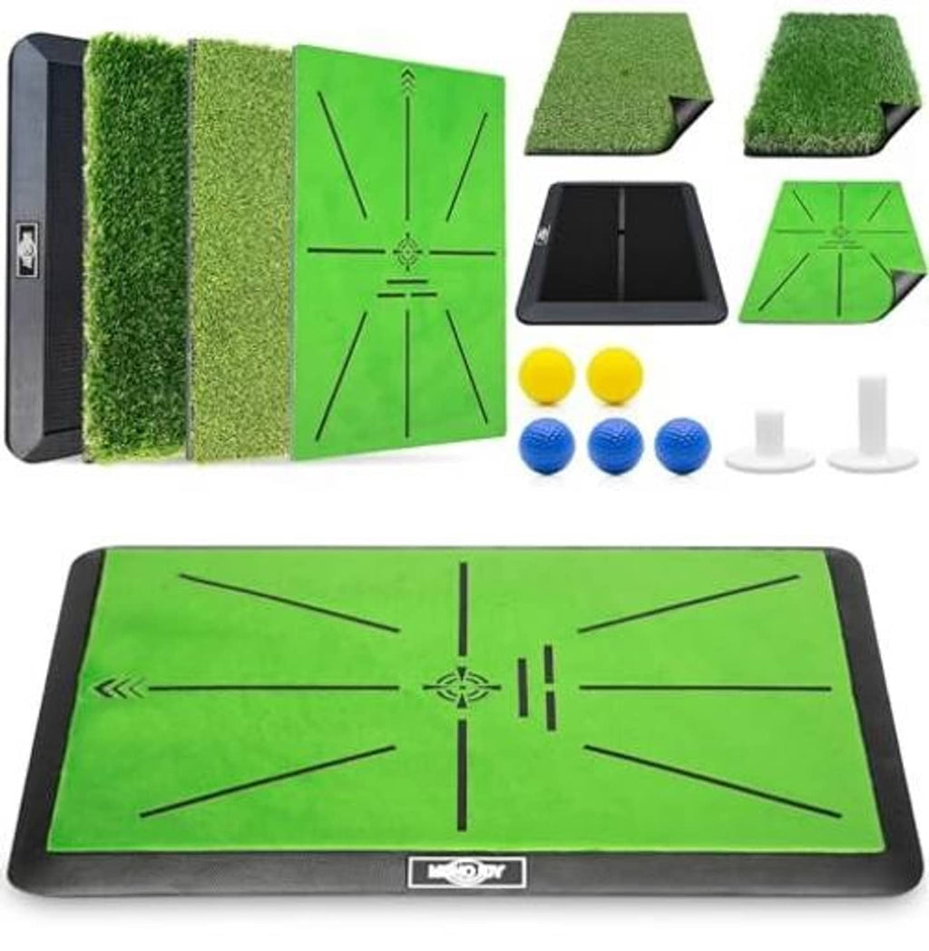 Golf hitting mat set with green alignment panel, turf sections, and tee accessories