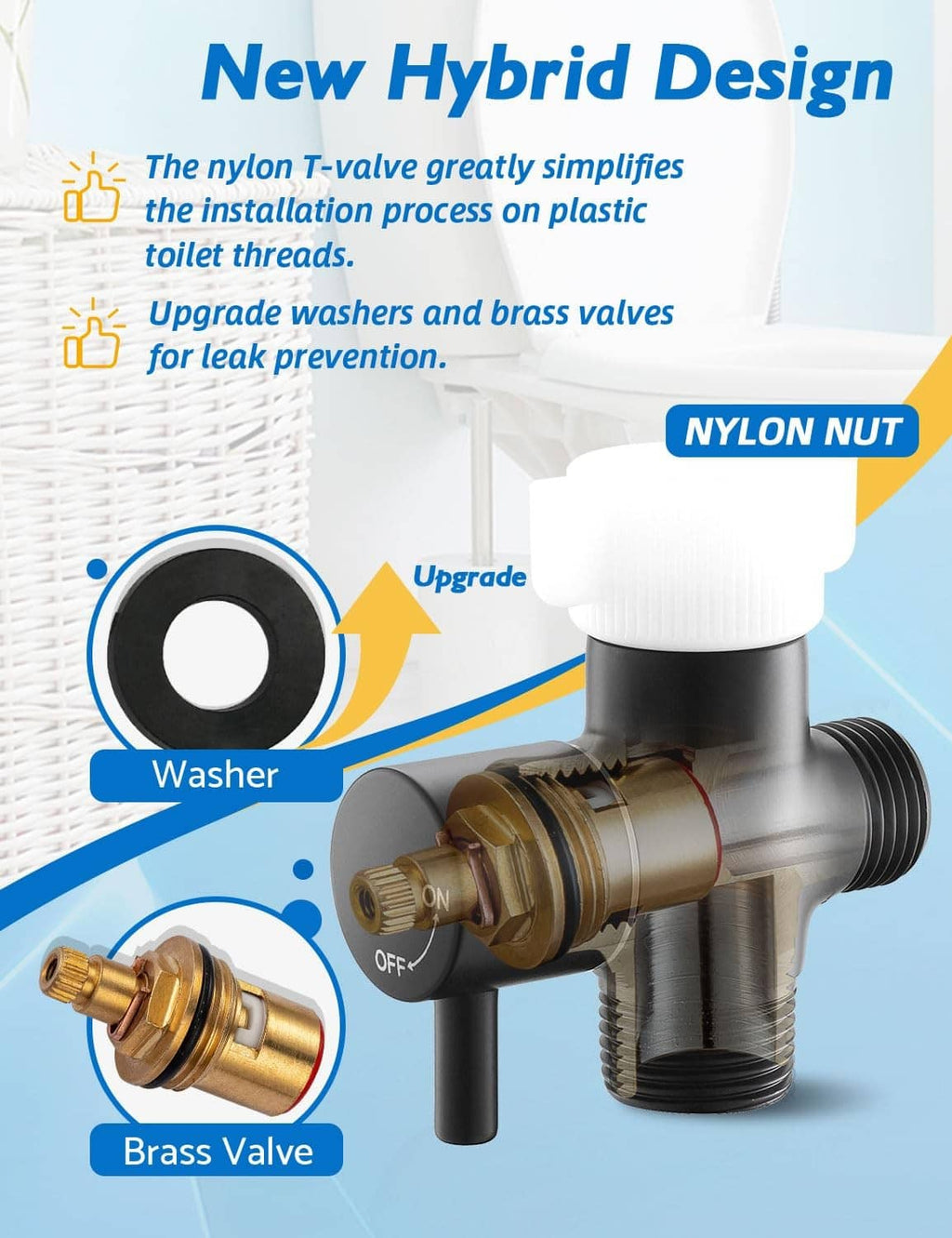 Bidet sprayer T-valve assembly with brass valve and nylon nut, matte black