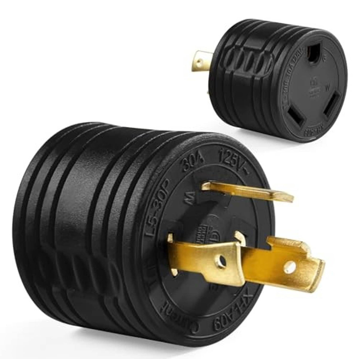 Black ribbed 3-prong adapter plug set, brass terminals on male ends