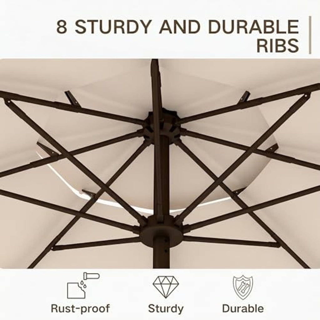 Underside view of beige 3-tier umbrella with cross-braced ribs