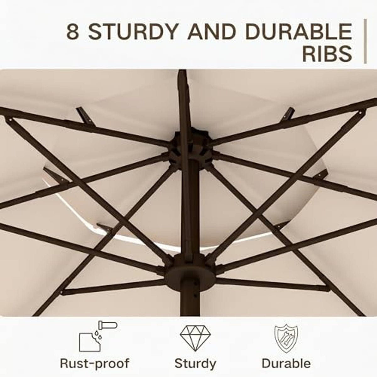 Underside view of beige 3-tier umbrella with cross-braced ribs