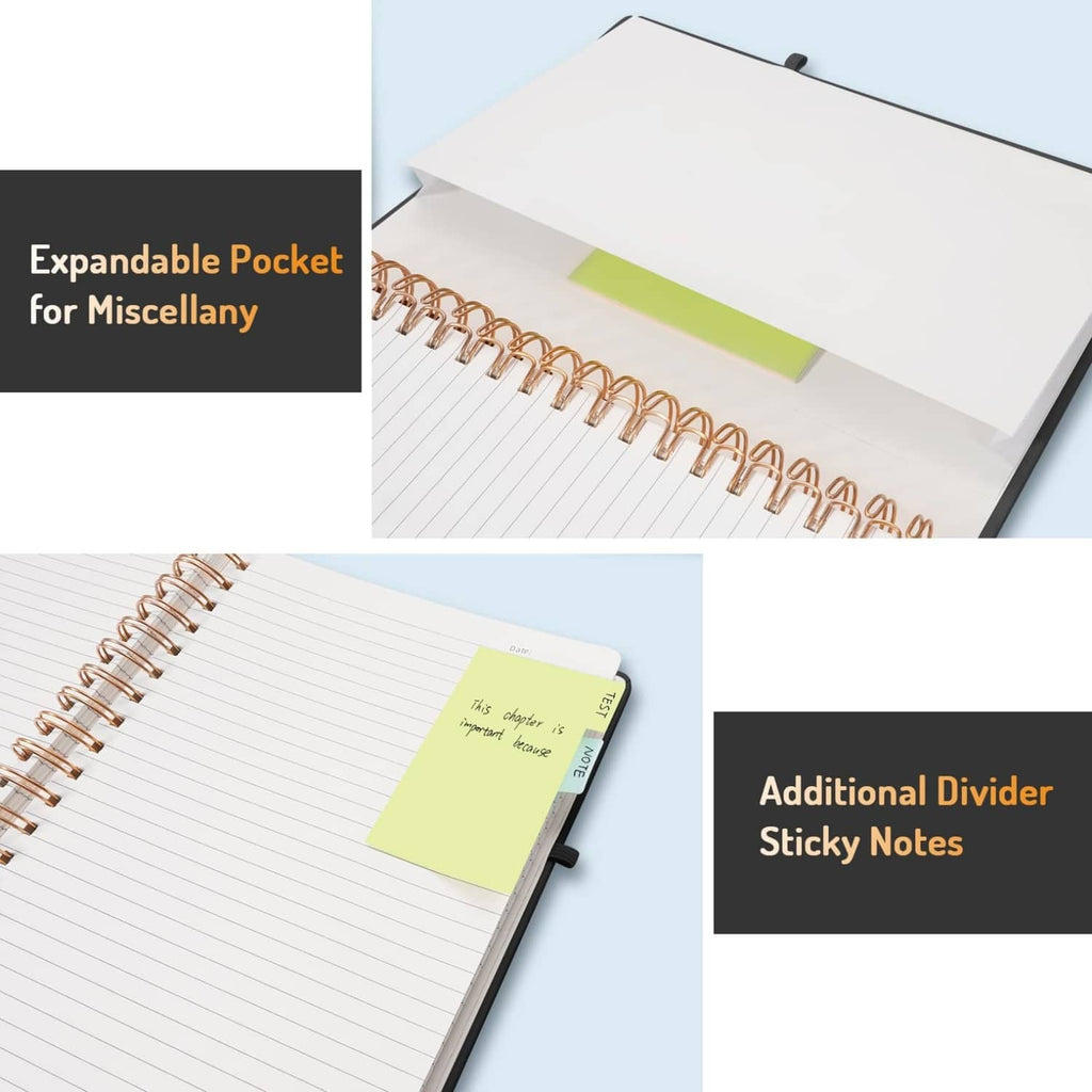Spiral journal notebook with expandable pocket and sticky note divider