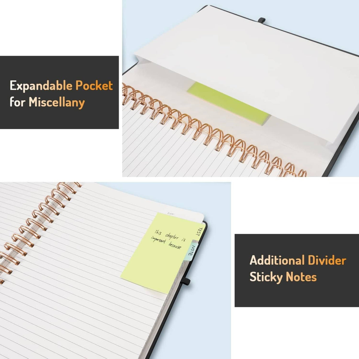 Spiral journal notebook with expandable pocket and sticky note divider