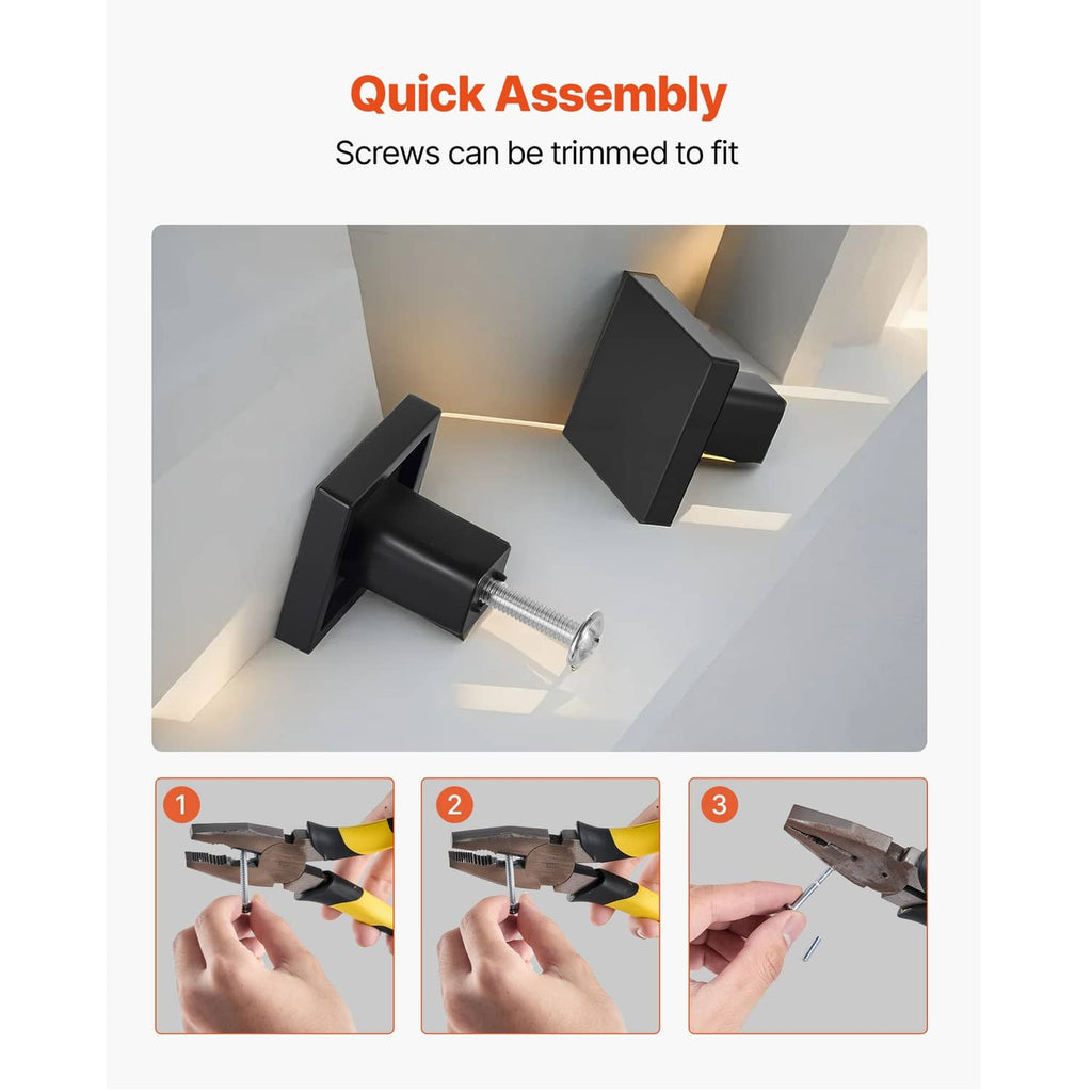 Square black cabinet knobs with screws, showing installation-ready pieces