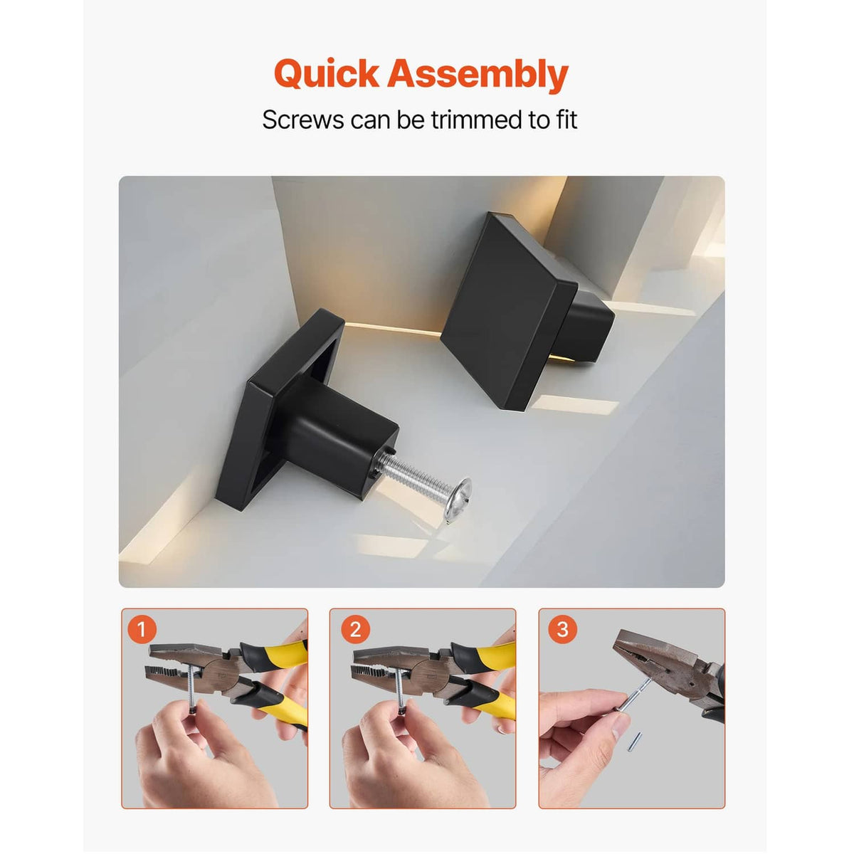 Square black cabinet knobs with screws, showing installation-ready pieces