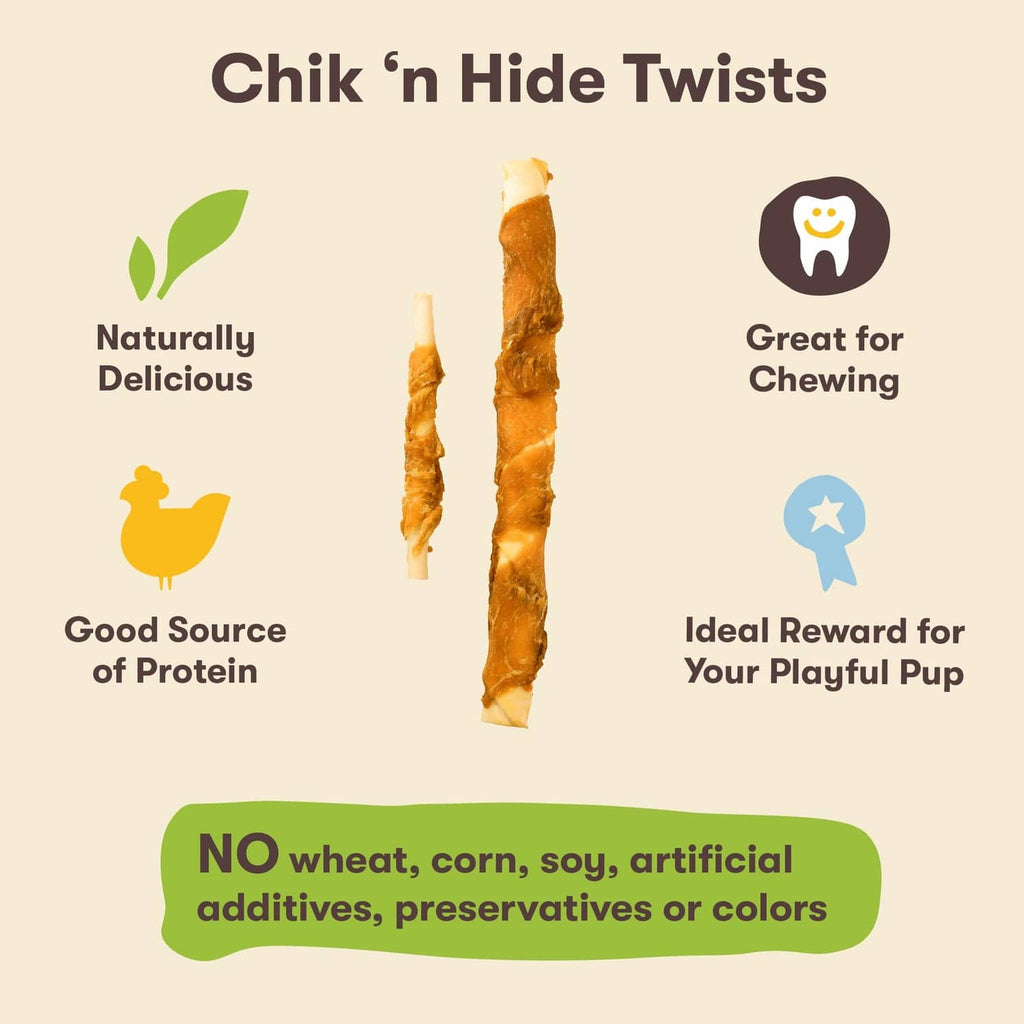 Chicken-hide twist dog treats label: great for chewing, no wheat/corn/soy.