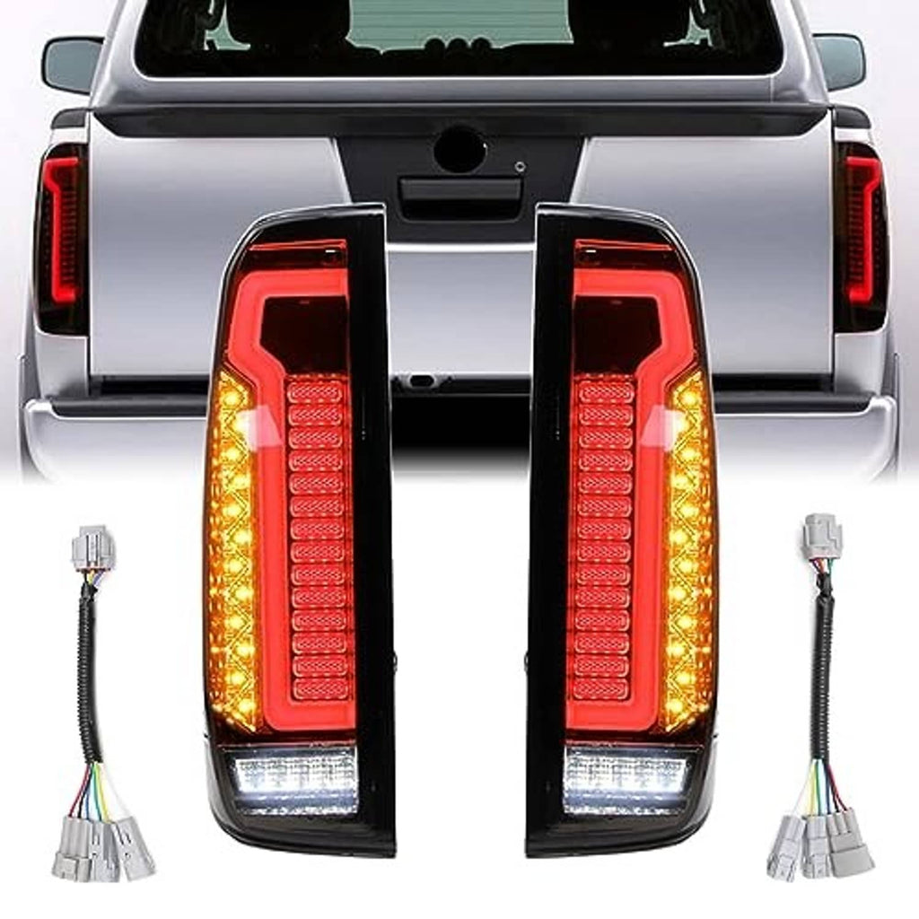 LED tail lights installed on pickup rear, red and amber LED bars in black housings