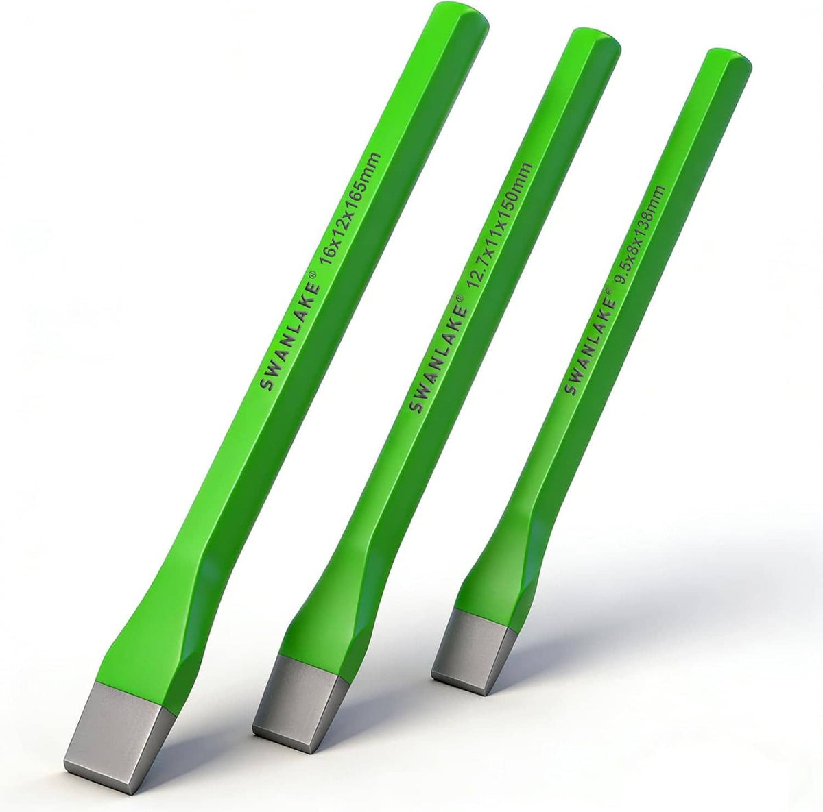 Three-piece cold chisel set with green handles and square steel tips