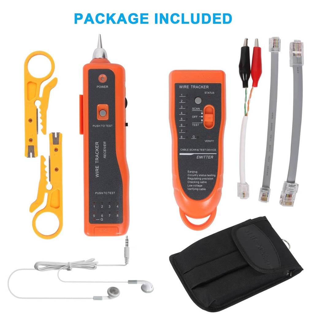 Orange wire tracker network cable tester kit with cables, tools, and storage pouch