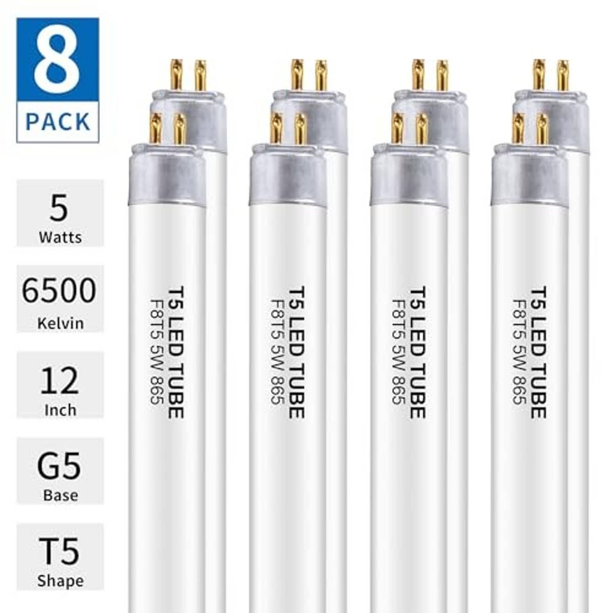 8-pack 12-inch T5 LED tube bulbs, 6500K daylight, 5W, G5 base