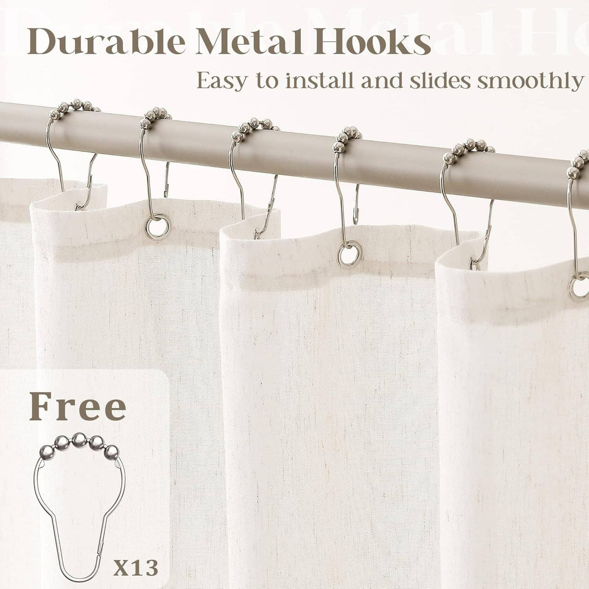 Beaded metal hooks and top header with buttonhole loops for linen shower curtain