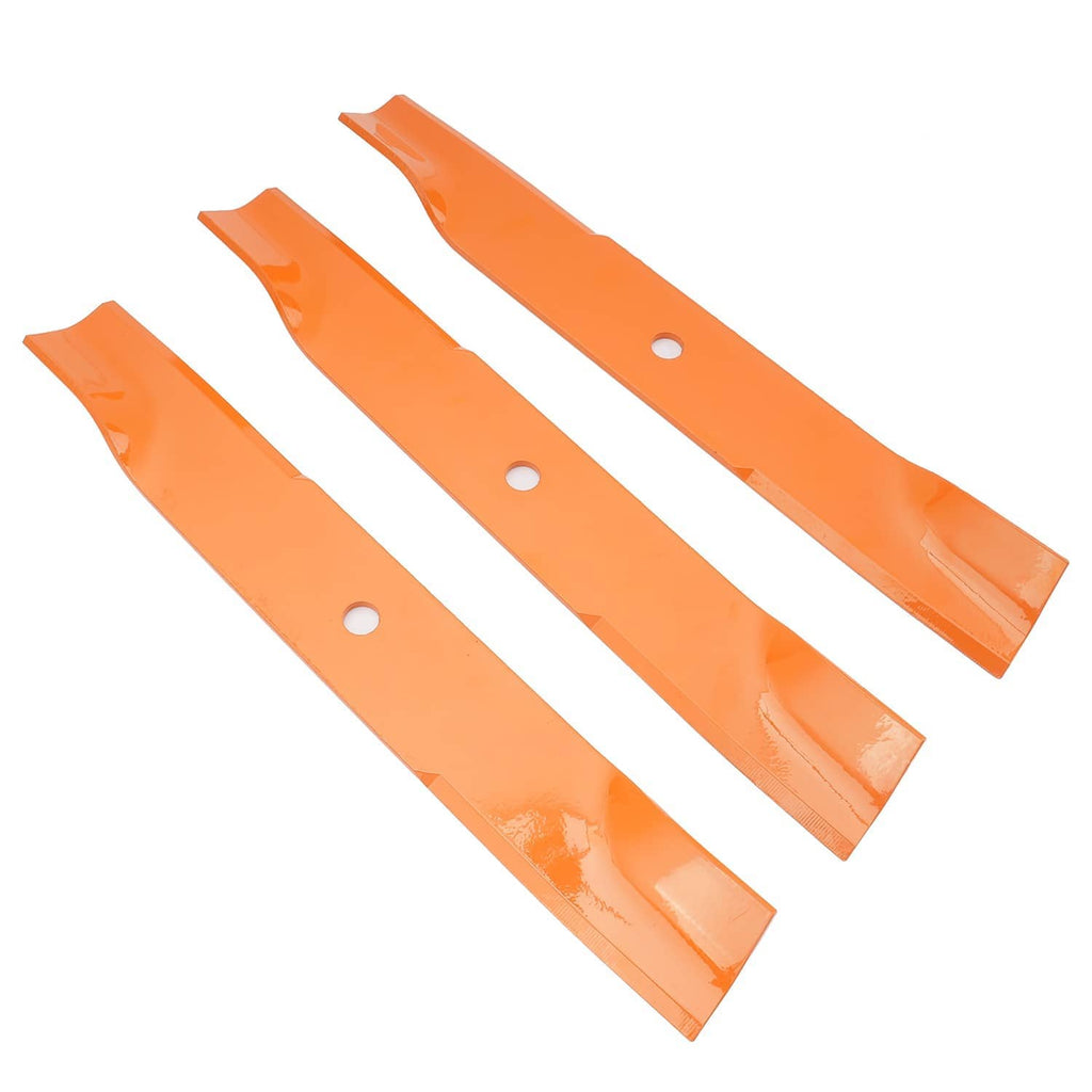 Four orange mower blades with mounting holes, staggered in a row