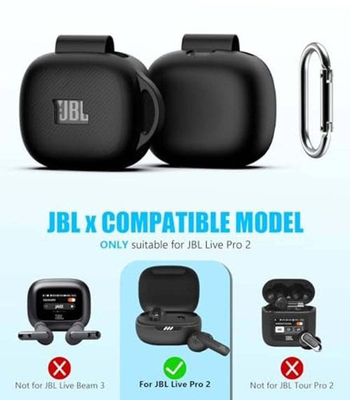 Black JBL Live Pro 2 case cover pair view with carabiner and molded earbud protection.
