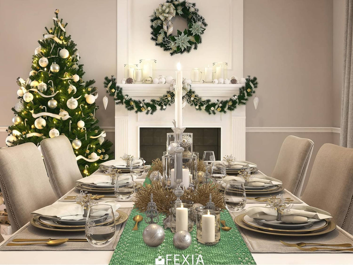 Green table runner with tassel fringe centered on dining table, woven textured fabric.