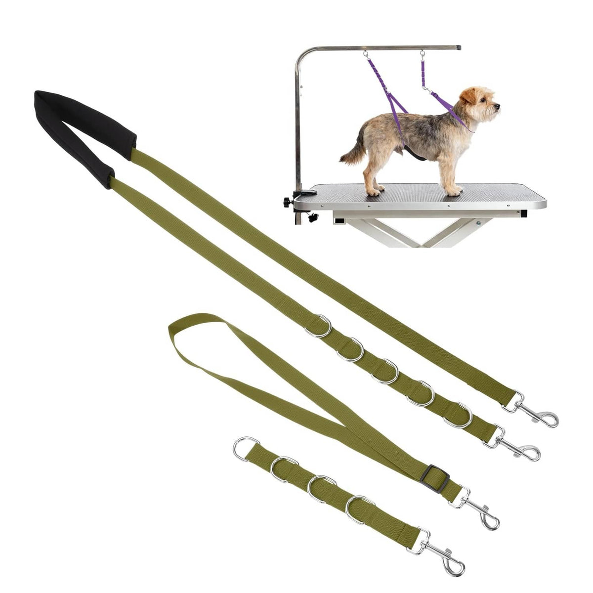 Army green dog grooming belly strap with adjustable loop and metal D-rings