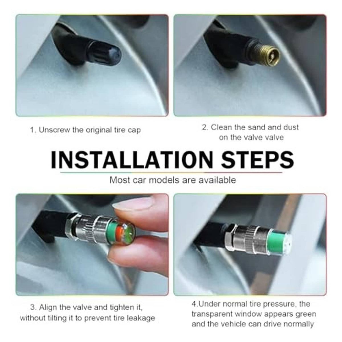 Tire valve stem cap installation sequence with green indicator window on valve