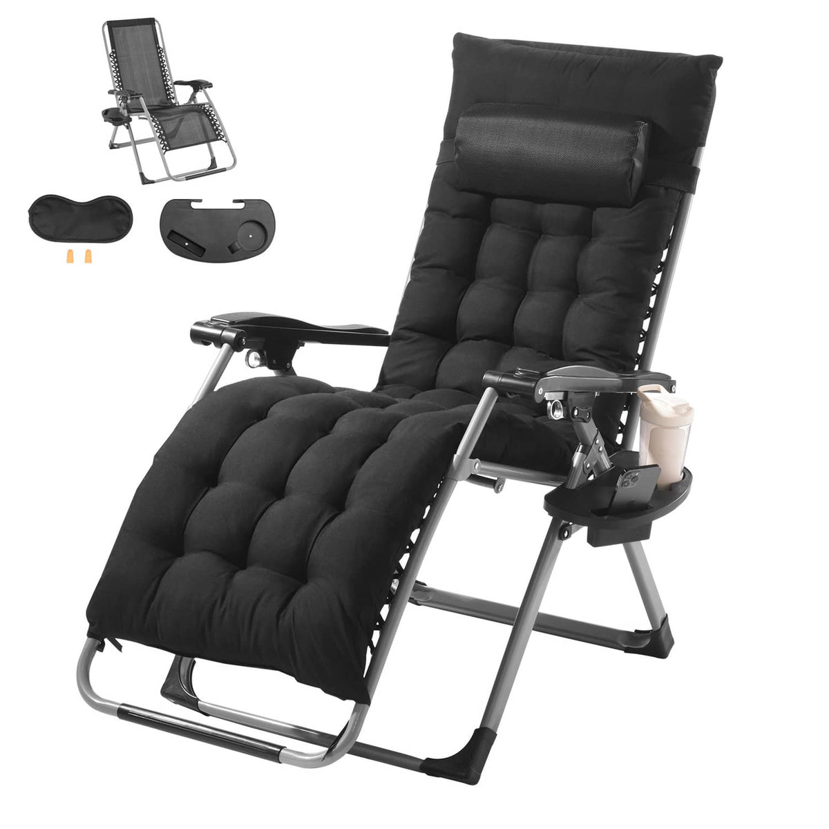 Black padded zero-gravity recliner lounge chair with headrest and cup tray