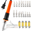 Electric hot knife cutter tool kit, orange handle, black grip, metal cutter blades