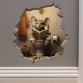 Mouse in toilet-hole decal sticker on wall with brown toilet and book-reading mouse